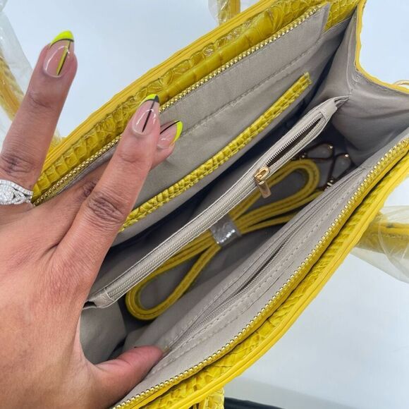 Yellow Croc Embossed Faux Leather Structured Satchel – Medium Top Handle Bag - Picture 9 of 17
